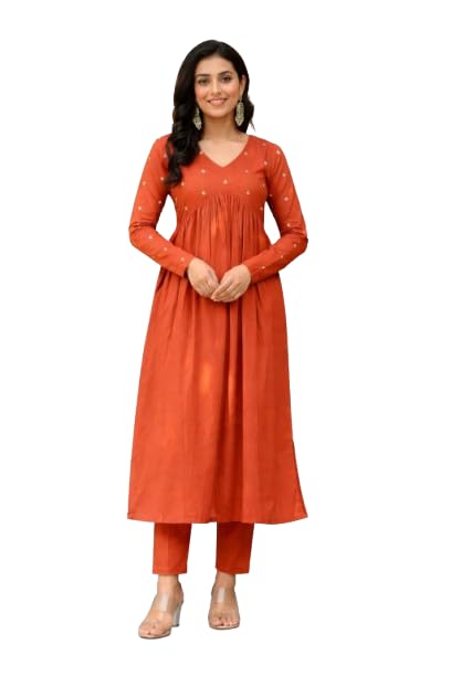 Women's Rayon Long Kurta with Pants with White Polka Dots, V-Neck, Full Sleeves-picture-18