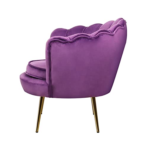 Magshion Modern Scalloped Back Accent Velvet Upholstered Armchair With Golden Legs And Soft Pillow For Living Room, Comfy Vanity Chair, Tufted Guest Chair, Purple #TOP3