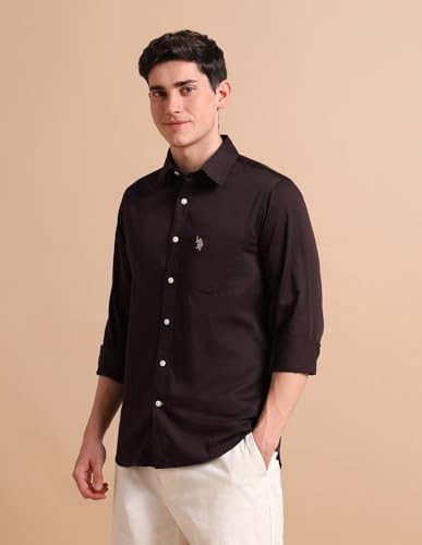 Image of U.S. Polo ASSN. Solid Tailored Fit Shirt for Men - 100% Cotton, Breathable & Comfortable, Full Sleeves Casual Shirt for Men
