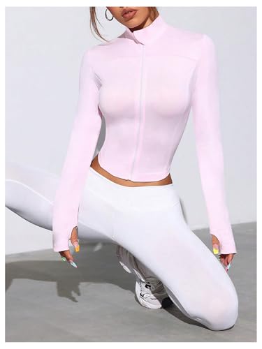COZYEASE Jaqueta feminina de corrida cropped com zíper manga comprida gola redonda slim fit yoga tre