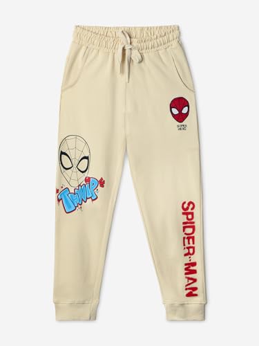 Image of The Souled Store Spider-Man: Thwip Boys Drawstringed Regular Fit Off White Cotton Joggers (2-8 Yrs)