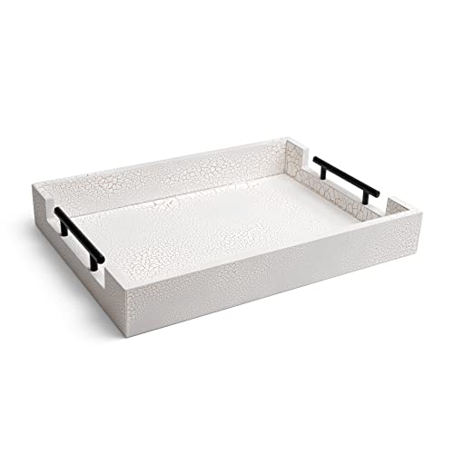 HOMKO Rustic Ottoman Tray with Metal Handles, 16 Inch Wood Serving Tray for Breakfast, Decorative Serving Trays Platter for Home Decorations Vintage, Coffee Tray, Living Room (White)