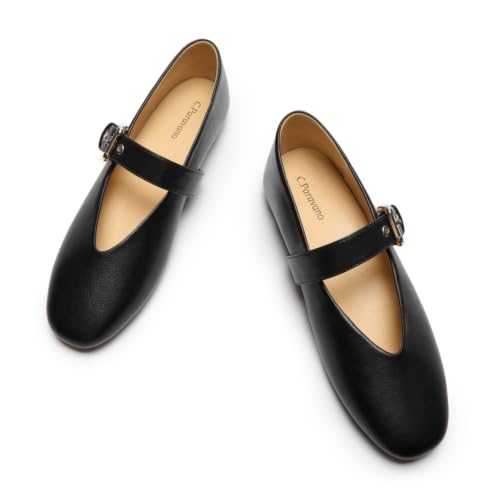 Image of C.Paravano Women's Flats Shoes | Comfortable Slip on Shoes | Ballet Flats Dress Shoes | Round Toe Mary Jane Flats with Metal Buckle Strap