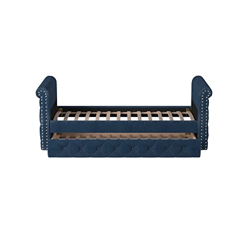 Dg Casa Hesdin Daybed With Trundle Platform Bed Frame With Button Tufting Nailhead Trim Andfull Wooden Slats, Box Spring Not Required-Traditional Upholstered Twin Size Day Bed In Bluefaux Velvet #TOP3