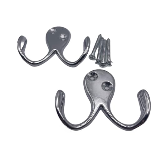 Aretro Chrome Two Pronged Coat Hooks Pack of 2 Double Prong Wall Mounted Decorative Clothes Hat Hooks Double Robe Hooks Screw in Door Hooks for Kitchen Bedroom Wall Bathroom Hanging with Screws