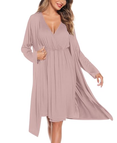 Image of SWOMOG Women Maternity Nursing Gown and Robe Set 3 in 1 Labor Delivery Nursing Nightgown for Breastfeeding Hospital Bathrobe