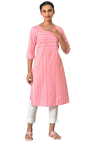 Image of Aurelia Women's Cotton Straight Fit Stripes Round Neck Kurta