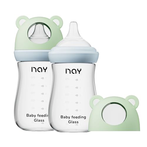 Image of yanyoyo Natural Glass Baby Bottle for Breastfeeding Babies, 8oz Anti-Colic Baby Bottle with Natural Response Nipple(M), Clear, Wide Neck, 2 Pack, 3 Months+