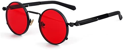 EYLRIM Round Steampunk Sunglasses Hippie Circle Glasses Gothic Metal Frame 100% UV Blocking Lens(Black/Ocean Red)