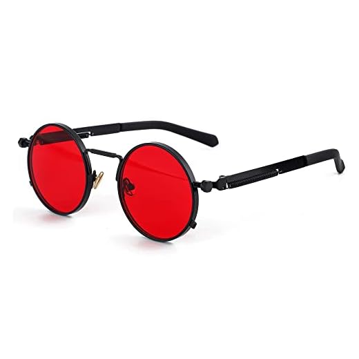 Gafas de sol redondas Steampunk John Lennon Hippie Circle Gafas góticas Marco de metal 100% Lente de bloqueo UV, 01 Negro/Rojo Océano, Medium