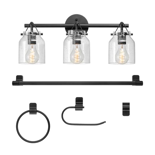 Image of Globe Electric 63000207 5-Piece All-in-One Bathroom Set, 22 inch 3-Light Vanity Light, Matte Black, Seeded Glass Shades, Towel Bar, Robe Hook, Toilet Paper Holder, Towel Ring, Bathroom Lights Over Mirror