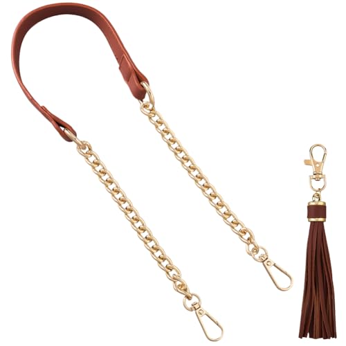 CALFOVERA 24 Inch Microfiber Leather Bag Chain Replacement with Tassel Pendant Flat PU Leather Purse Chain Strap Handbag Handle for Women Shoulder Crossbody Bag Handbag DIY Crafts(Brown Gold)