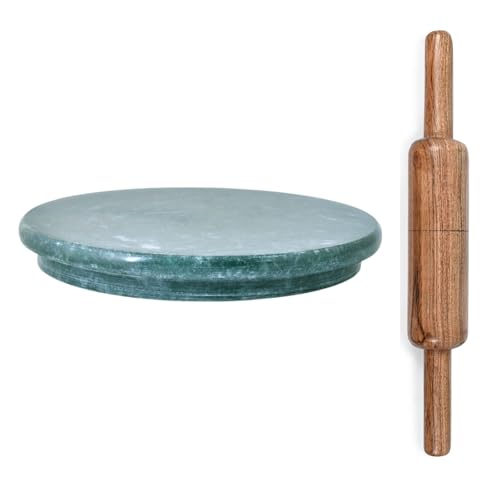 Image of VISMAY'S 10 Inch Green Marble Chakla with 12 Inch Wooden Rolling Pin for Roti Paratha Chapati Rolling Board Set for Kitchen