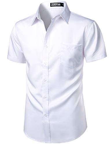 Zeroyaa Men's Casual Urban Stylish Slim Fit Short Sleeve Button Up Dress Shirt With Pocket Zlsc15 White Large #TOP1