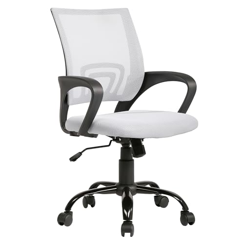BestOffice Silla de oficina ergonómica con respaldo de malla transpirable, altura ajustable, silla de ordenador reclinable con ruedas giratorias, color blanco