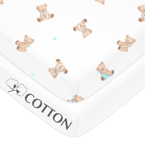 Image of American Baby Company 2 Pack 100% Natural Cotton Fitted Pack and Play Sheets 39 inch x 27 inch - Soft & Breathable Pack N Play Sheets for Playard & Mini Crib Mattress, Bear and White, for Boys & Girls