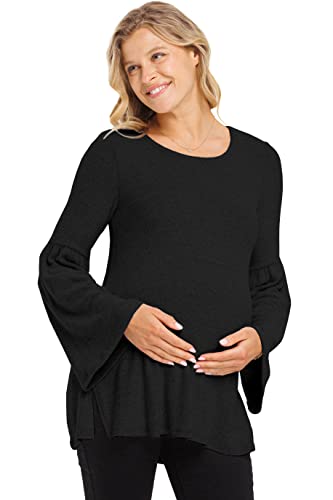 Women's Round Neck Bell Sleeve Maternity Tunic Top, Black, Large