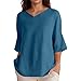 Women's Loose V Neck Short Sleeve Top Linen Blend Long Sleeve Shirt Women (Blue, M)
