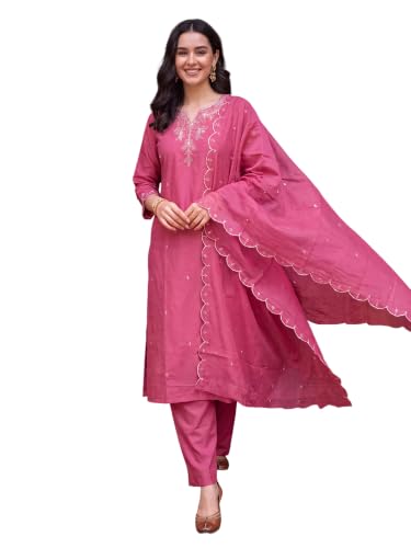 Image of INDO ERA Women's Silk Blend Embroidered Straight Kurta Pant with Dupatta Set