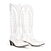 Cowboy Boots for Women White Cowgirl Knee High Boots with Classic Embroidered Pull On Pointed Toe Chunky Heel Vintage Wedding Country Tall Western Boots Size 8