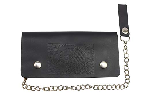 MARSHAL Men's Genuine Leather Long Chain Biker Wallet Black Billfold Trucker