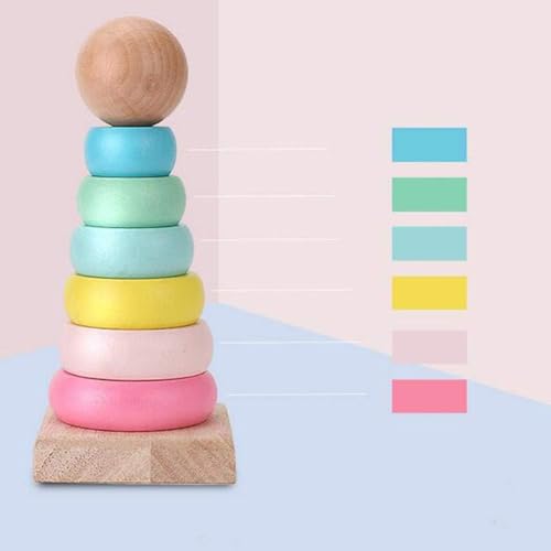 Image of SHINETOY 7 pcs Wooden Stacking Rings for Babies 6-24 Months | Montessori Rainbow Stacker Educational | Color & Shape Learning Toy for Toddlers | Sensory Development Toy Gift for Kids