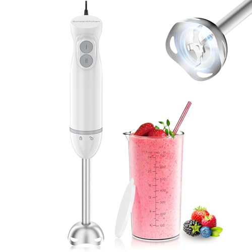 Bonsenkitchen Hand Blender, Immersion Blender with 2 Mixing Speed, 2-In-1 Hand Held Stick Mixer with Beaker for Soups, Smoothies, Sauce, White