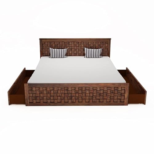 Image of SHRI MINTU'S ART Sheesham Wood Queen Size Bed with Storage | Wooden Double Bed Cot Bed with 2 Drawer Storage for Bedroom | Palang Diamond Design for Hotels | L 208.2 X W 160 X H 106.68, Warm Chestnut