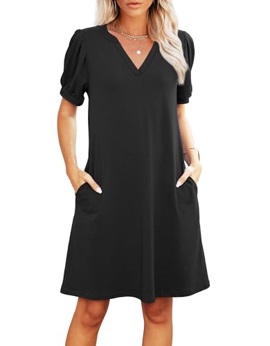 RUMIA V-Neck Summer Casual Sundress for Women- Short Sleeve Swing Beach Dress with Pockets (S-3XL) Black