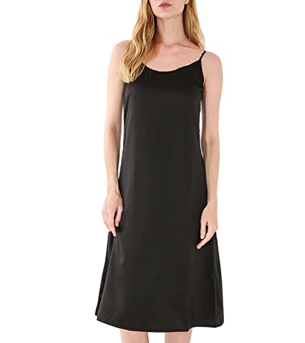 Women's Basic Satin Silky Full Slip Midi Loose Dress With V-Neck Sexy Cami Adjustable Spaghetti Strap Lounge Wear Nightgown Dresses Fit Party Wedding Night Date Daily Black Large #TOP23