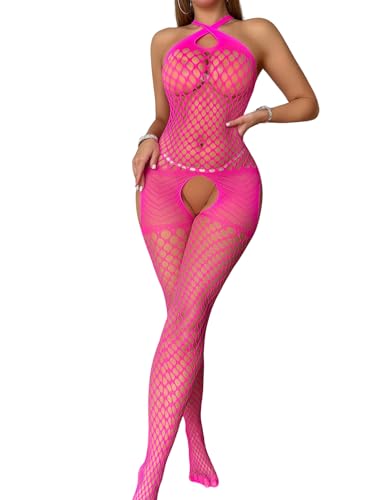 PARUPRUP Sexy Criss Cross Halter Fishnet Bodystocking for Women Mesh Hollow Out Bodysuit Lingerie Full Body See Through Naughty Body Stocking Sleeveless Jumpsuit Stretchy Tights (Rose Red One Size)