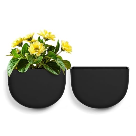 Asnext 2 Pack Wall Hanging Planter Pots for Indoor and Outdoor Plants, 7 Inch Half-Moon-Shaped Plastic Wall Planter, Wall Mounted Succulent Planters (Black)