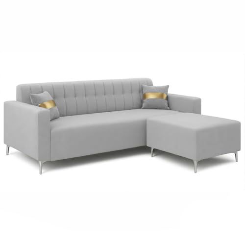 Image of FURNY Regan 4 Seater L Shape Sofa Set with Movable Ottoman | Flexible Left or Right Layout | Plush Velvet Fabric (Light Grey) | Perfect for Living Room, Guest Room & Office