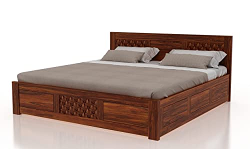 Image of Ganpati Arts Solid Sheesham Wood King Size Raj Bed with Box Storage for Home Wooden Double Beds for Living Room Bedroom (Natural Finish) 1 Year Warranty