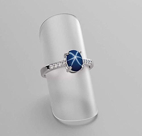 Cornflower Blue Star Sapphire 6-Ray 925 Sterling Silver Ring with Genuine Sapphire Accents/Oval-Shaped