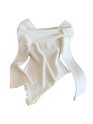 Verdusa Women's Dressy Casual 3D Floral Foldover Tops Ruffle Asymmetrical Long Sleeve T Shirts White X-Large