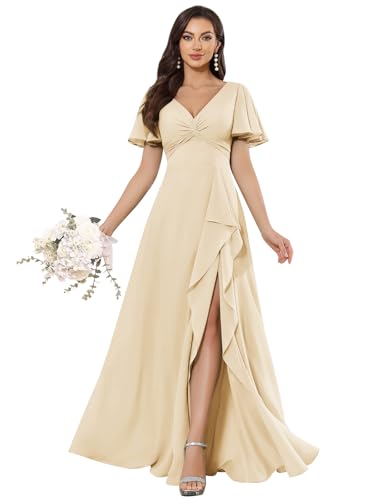 Women's V-Neck Chiffon Bridesmaid Dresses for Wedding Flutter Sleeve Evening Formal Dress with Slit