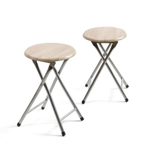 THE SECRET HOME - Pack de 2 Taburetes Plegables de Madera y Metal - Alto. 45 x Ø30 cm - Banqueta sin Respaldo - Ideal para Cocina, Terraza o Jardín - Color Madera Clara