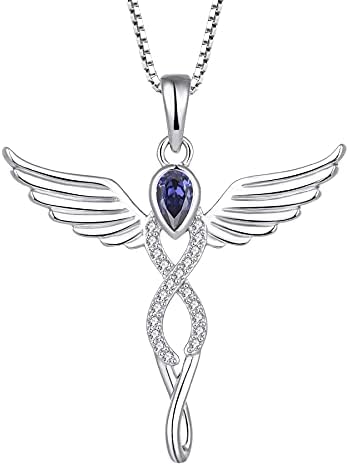 FJ Angel Wing Pendant Necklace 925 Sterling Silver Guardian Angel Necklace Infinity Birthstone Necklace Jewellery Gifts for Women Girls
