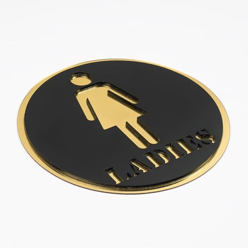 Image of Ladies Round Acrylic Signage Sticker - Self-Adhesive Women Restroom Sign for Office, Storefront, Business & Shop - Premium Black Gold Label for Glass & Smooth Surfaces