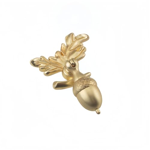 アンティークどんぐり引き出しノブ・葉台座付き・4個セット | 亜鉛合金製・単穴デザイン・180°回転可能 | ビンテージ調プルハンドル/ワードローブ/食器棚/キャビネット/クローゼットに適用(銅色) (つや消しゴールド)