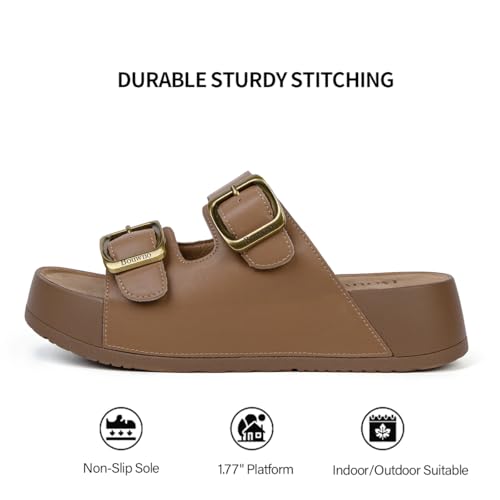 Image of Platform Sandals Women Genuine Leather Slip-on Beach Slide Buckle Comfortable Sandals with Memory Foam Soft Lining and Open Toe Low Wedges
