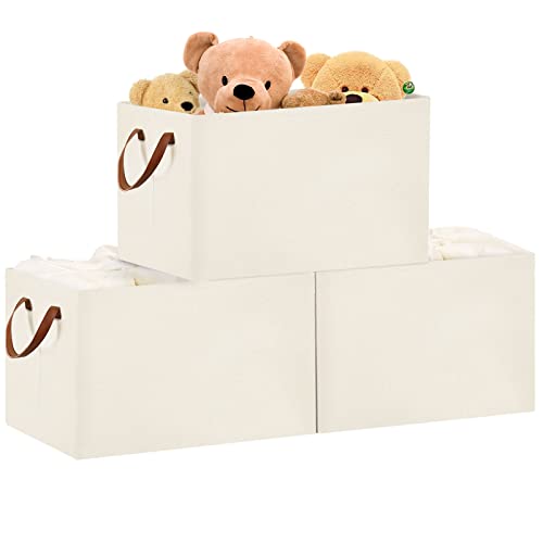 Yawinhe Paniers de Rangement avec cadre en métal, 3 pack Boîtes de Rangement Pliables, avec cordon de serrage et 2 poignée en cuir, pour vêtements, Jouets, 42x32x26cm, Beige, SNK013BEL-3 Cover