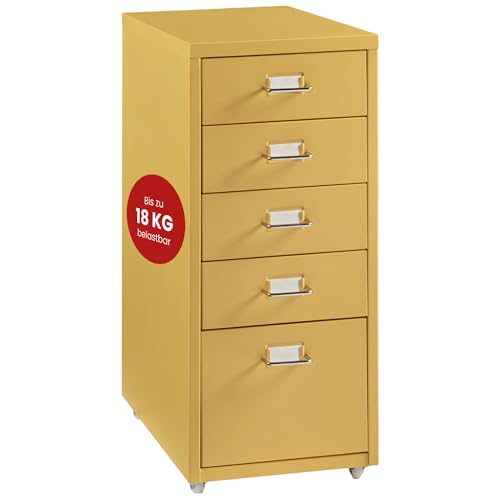 [en.casa] Rollcontainer Kökar Schubladenschrank Metall Aktenschrank mit 5 Schubladen Bürowagen mit Rollen für Arbeitszimmer 69 x 28 x 41 cm Gelb