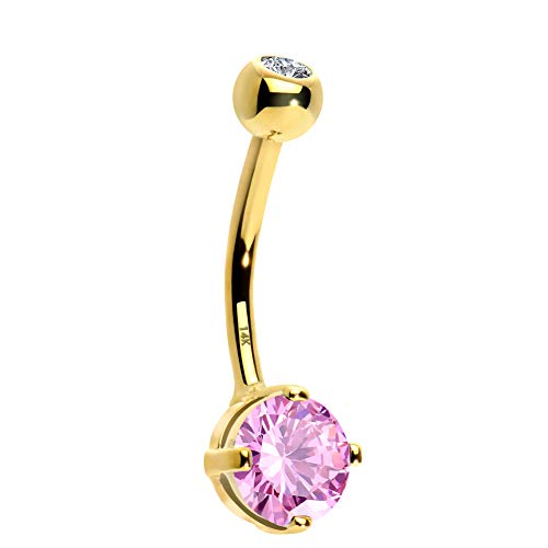 OUFER - Piercing para ombligo de oro macizo de 14 quilates de 14 g, circonita cúbica transparente, redondo, joyería para ombligo, piercing para ombligo, Circonia cúbica, Circonia cúbica