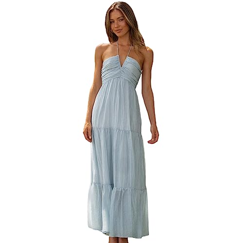 Robe maxi pour femme unie à volants fluides et dos nu spectaculaire