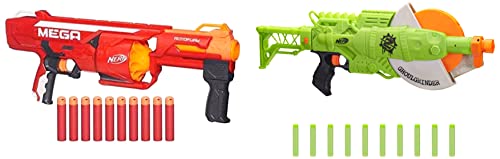 Image of Nerf Mega Rotofury Blaster - 10-Dart Rotating Drum - Pump Action Blasting - Includes 10 Mega Darts & Zombie Strike Ghoulgrinder Blaster, Rotating 10-Dart Wheel, 10 Darts
