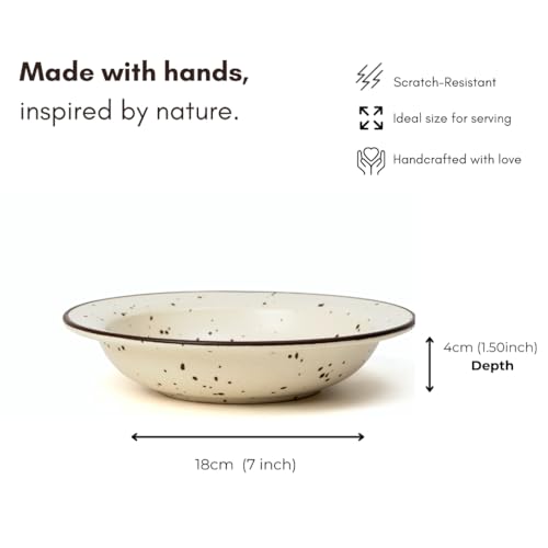 Image of Beyond Homes Ceramic Pasta Plates Shallow, 18cm, Set of 4, Off-White Spotted | Matte Finish Ceramic Pasta Bowl | Stoneware Pasta & Maggie Bowl | Chip-Resistant | Microwave Safe (4, Off-White Spotted)