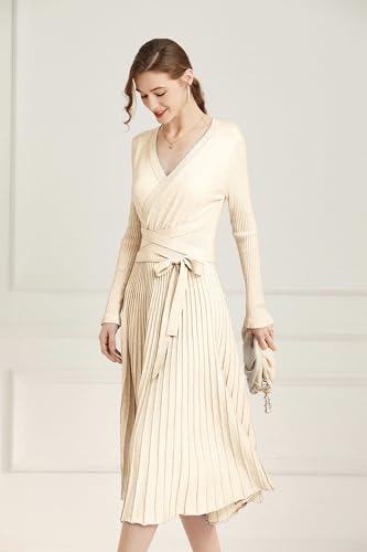 Image of Women's Long Sleeve Sweater Dress Ankle Length Fall Dress Vneck Knit Winter Dress
