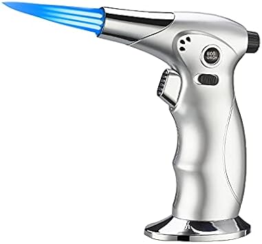 Blow Torch, Professional Kitchen Cooking Torch with Safety Lock Adjustable Flame Refillable Blow Triple Torch Lighter for BBQ, Baking, Crafts and SolderingGas Not Included Triple flame, Sliver